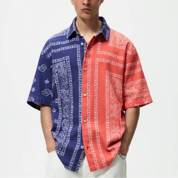 NWT Zara Men’s Paisley Two Tone Button Down Shirt - Picture 1 of 10